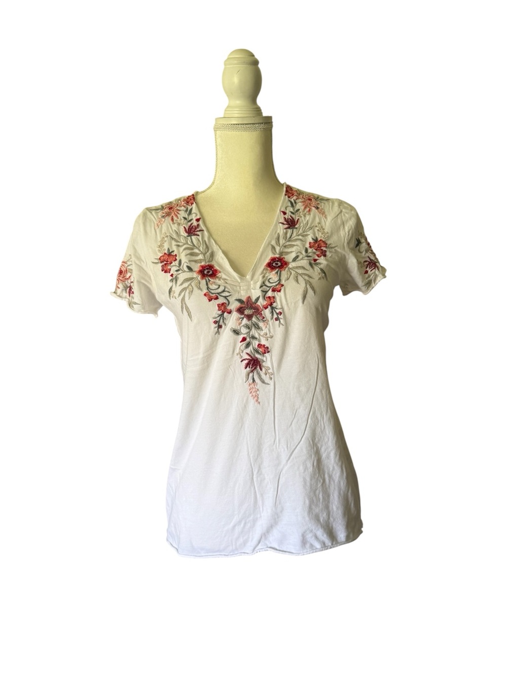 Johnny Was Cream Short Sleeve V-Neck Tee with Red Floral Embroidery